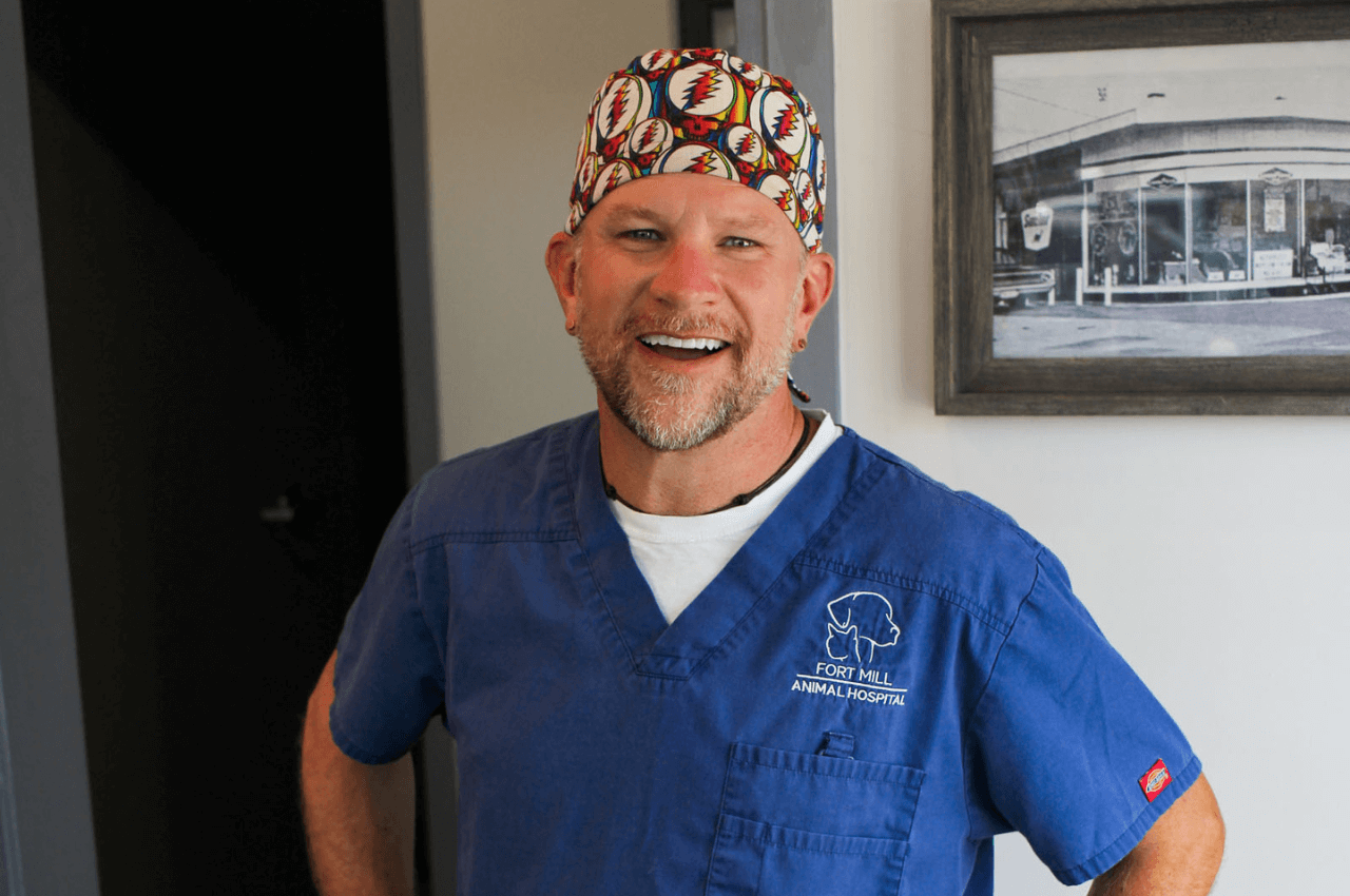 Casual photo of Dr. Ellis, lead veterinarian at Fort Mill Animal Hospital, smiling brightly while standing in the clinic.